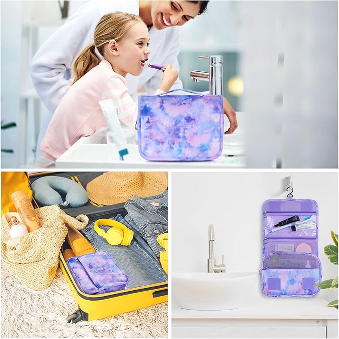 Kids Hanging Toiletry Bag for Girls, Travel Toiletry Bag for Little Young Girls Cosmetic Makeup Waterproof Wash Bag Toddler Traveling Toiletries, Tie Dye Purple