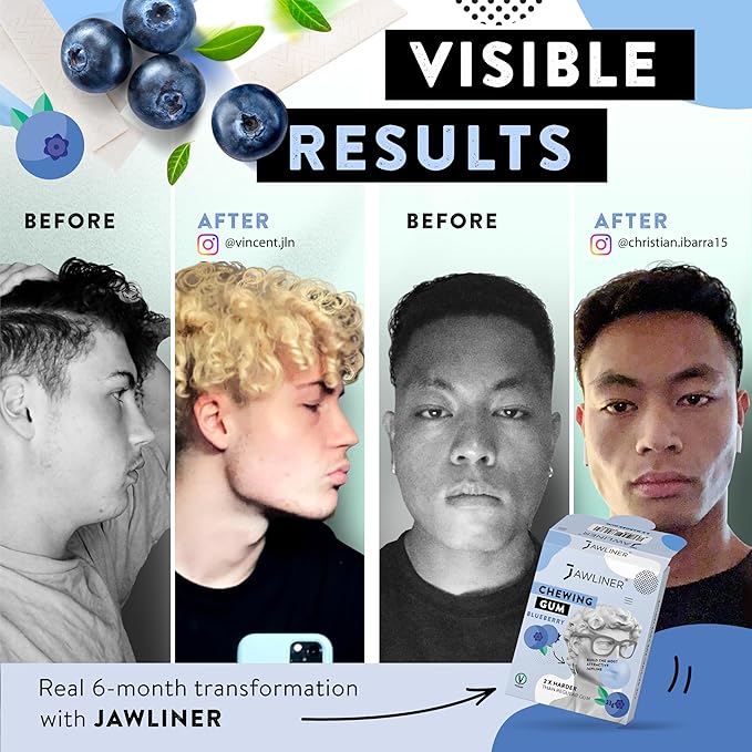 Jawliner® Hard Jwaline Chewing Gum - Sugar Free Blueberry Tough Jaw Gum - Jaw Exerciser Strong Mewing Jawline Mistic Gum - 2x Harder than Regular Chewing Gum 130 Grams (48 Strips)