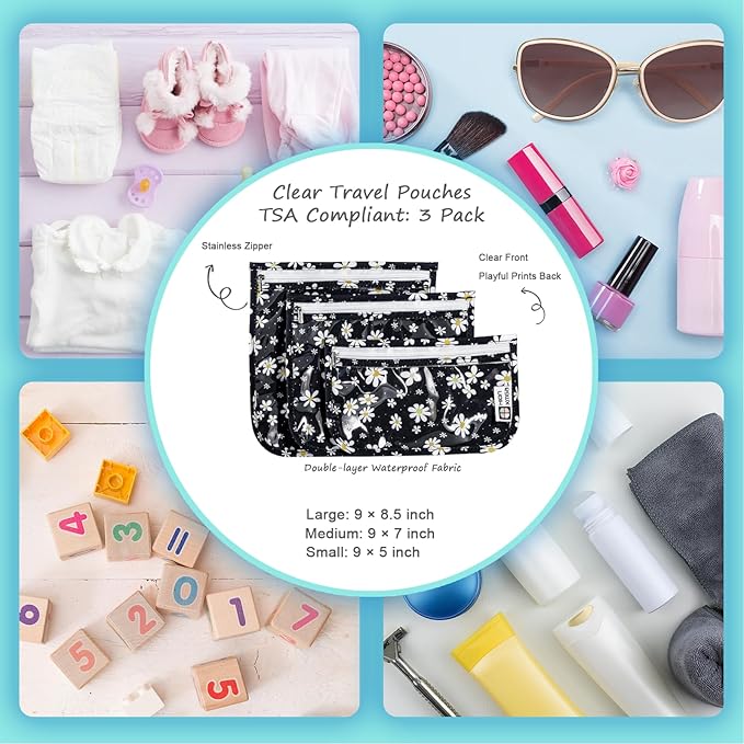 TSA Approved Toiletry Bag, Set of 3 Clear Travel Toiletry Bag Quart Size Zipper Travel Pouch, Waterproof Makeup Cosmetic Bag for Women Men Kids Toiletries Carry on, Petals