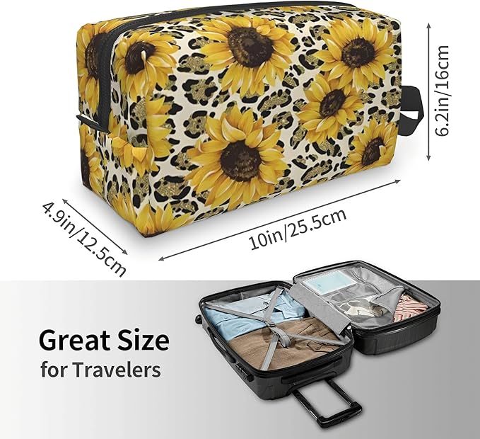 Sunflower Leopard Toiletry Bag for Women Men Portable Travel Wash Bag Waterproof Gym Shaving Toiletries Cosmetic Organizer Bag, Shower Bathroom Toiletries Accessories Makeup Bag with Handle
