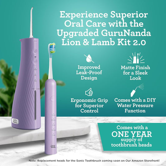 GuruNanda Lion & Lamb Kit 2.0, Electric Toothbrush with Water Flosser Combo, 4 Jet Tips, 4 Brush Heads, & IPX7 Waterproof Design for Complete Oral Care, Lavender