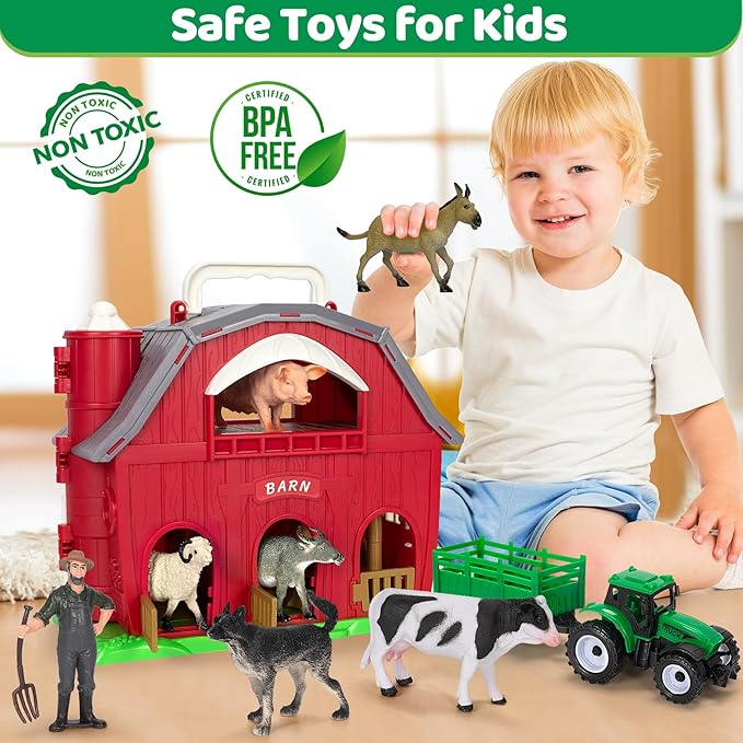 Farm Animals Toys for 1 2 3 4 5 Year old Toddlers Girls Boys, Big Red Barn Farm with Figures Animals and Tractor Toy for Kids, Farm Playset Educational Learning Toys, Ideal Christmas Birthday Gifts