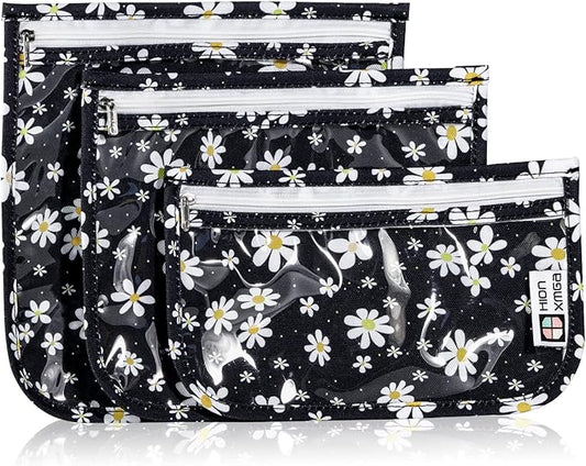 TSA Approved Toiletry Bag, Set of 3 Clear Travel Toiletry Bag Quart Size Zipper Travel Pouch, Waterproof Makeup Cosmetic Bag for Women Men Kids Toiletries Carry on, Petals