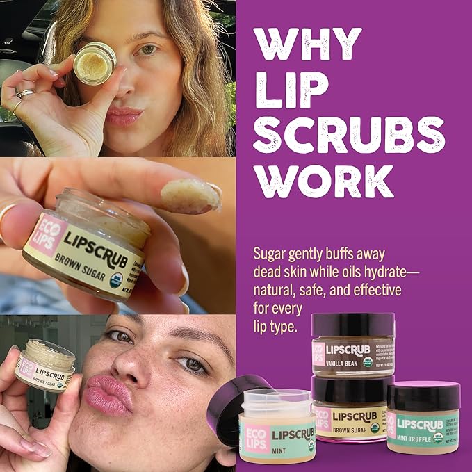 Eco Lips LIP SUGAR SCRUB 2 Pack (2-0.5oz jars) 100% Organic Lip Care Treatment with Organic Sugar & Coconut Oil - Gently Exfoliate & Polish Dry, Flaky Lips, 100% Edible (Vanilla Bean & Brown Sugar)