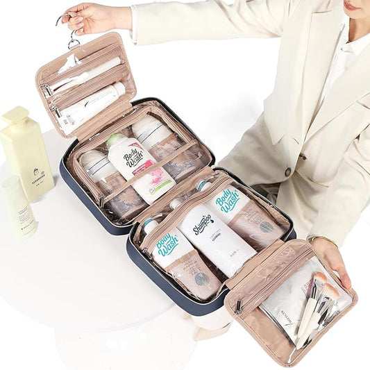 NISHEL Travel Toiletry Bag for women, Portable Hanging Organizer for Family-Sized Shampoo, Conditioner, Brushes Set, Makeup Accessories, Extra Large Size, Aegean-Blue