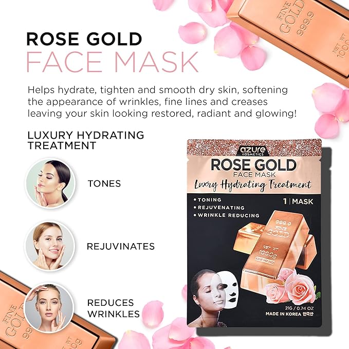 Rose Gold Korean Facial Sheet Mask By Azure – Protects Against Sun & Outdoor Pollutants | Restores Natural Elasticity | Removes Dirt and Toxins For Clear Looking Skin - 5 PK