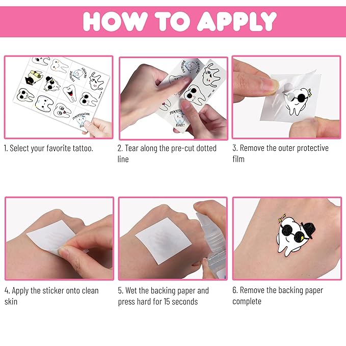 96 PCS Cute First Milk Tooth Dental Dentist Pre-Cut Temporary Tattoos for Kids Birthday Themed Party Supplies Decorations Favors Fairy Teeth Tattoo Stickers Gifts for Baby Girls Boys Rewards