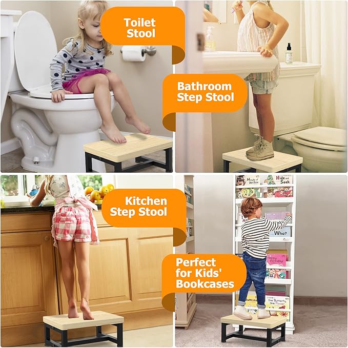 Step Stools for Adults Kids with Non-Slip Rubber Feet, Heavy Duty Wooden Stepping Stools with 500-LBS Capacity for Bedroom Kitchen Bathroom, Sturdy Bed Steps for High Beds, Easy to Assemble, Maple