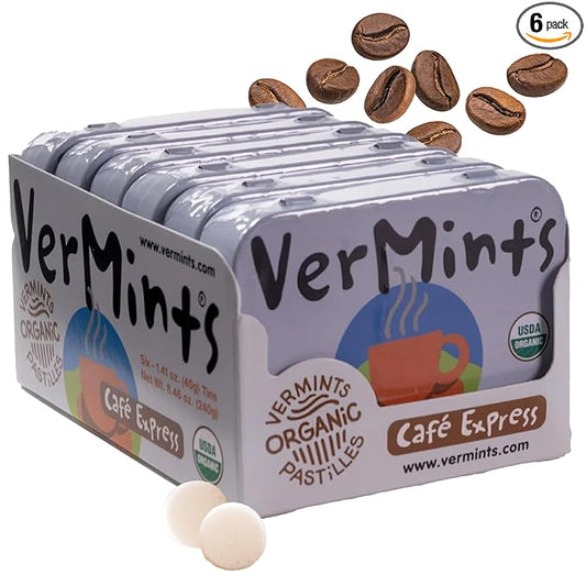 VerMints Organic Breath Mints Café Express - Real Ingredients, Lasting Coffee Flavor - Travel Size Tins - Non-GMO, Nut Free, Gluten Free, Vegan & Kosher Coffee Candy - 1.41oz Tins (Pack of 6)