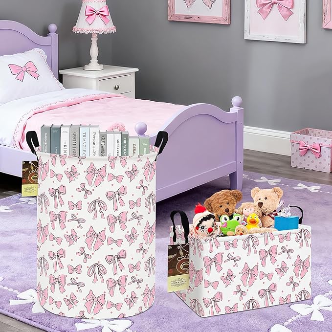 HUNRUNG Rectangle Storage Basket Cute Canvas Organizer Bin for Pet/Children Toys, Books, Clothes Perfect for Rooms/Playroom(REC-Pink Bow)