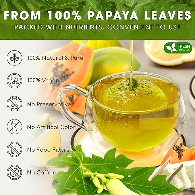 FreshDrinkUS Premium 135 Papaya Leaf Tea Bags, 100% Natural & Pure. Loose Leaf Herbal Tea. Made with Natural Material Tea Bags. No Sugar, No Caffeine, No Gluten, Vegan