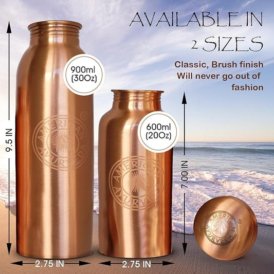 A American Ayurveda 100% Pure Copper Water Bottle for drinking, Jointfree, Leakproof, Natural Ayurveda Health Benefits, Copper bottle, Alkaline Water 600ml (20Oz) Capacity
