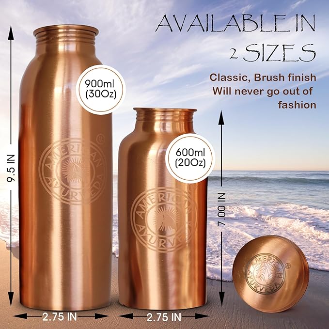 A American Ayurveda 100% Pure Copper Water Bottle Jointfree, Leakproof, Tumbler, Flask, Yoga, Natural Ayurveda Health Benefits, Copper Charged Alkaline Water 900ml (30 Oz) Capacity