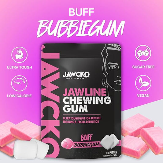JAWCKO Ultra-Tough Jawline Chewing Gum | Get a Stronger, Squarer Jawline | Bubblegum Jaw Training Hard Gum | 15X Strength | Chisel, Sculpt, Tone your Jaw | Facial Fitness Mewing Gum | 40 Pieces/Pack