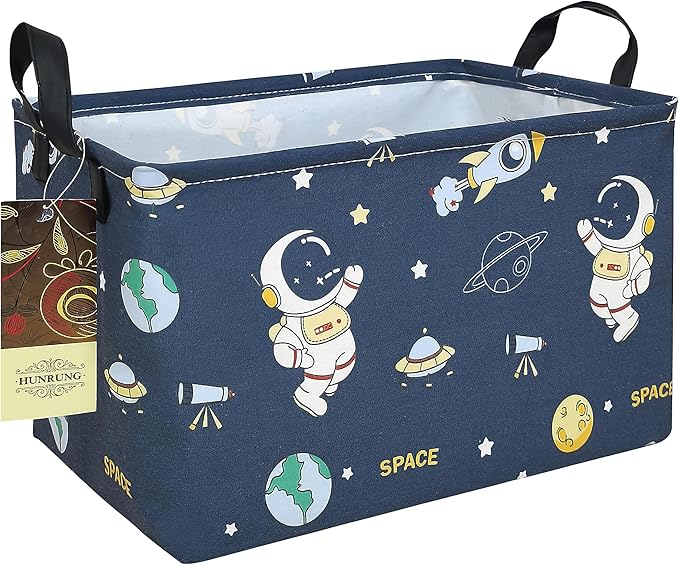 HUNRUNG Rectangle Storage Basket Cute Canvas Organizer Bin for Pet/Children Toys, Books, Clothes Perfect for Rooms/Playroom(Rec-Blue Space Astronaut)