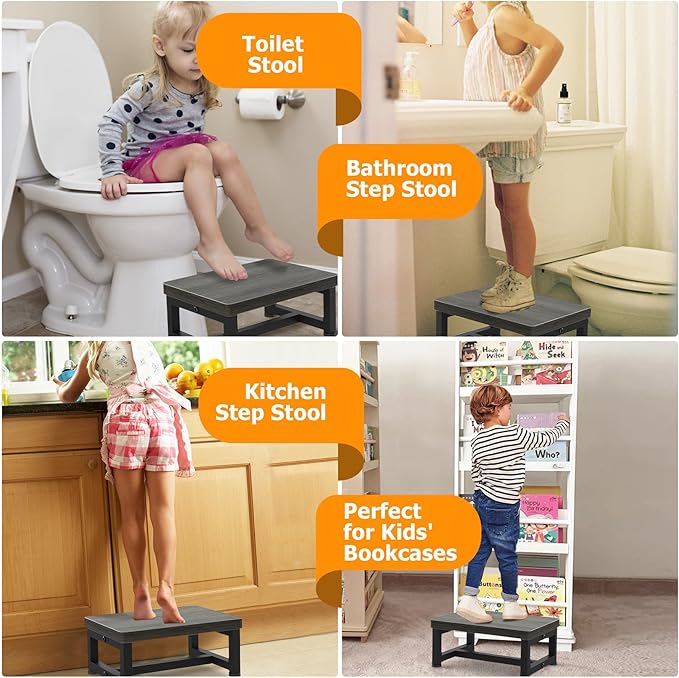 Step Stools for Adults Kids with Non-Slip Rubber Feet, Heavy Duty Wooden Stepping Stools with 500-LBS Capacity for Bedroom Kitchen Bathroom, Sturdy Bed Steps for High Beds, Easy to Assemble, Gray