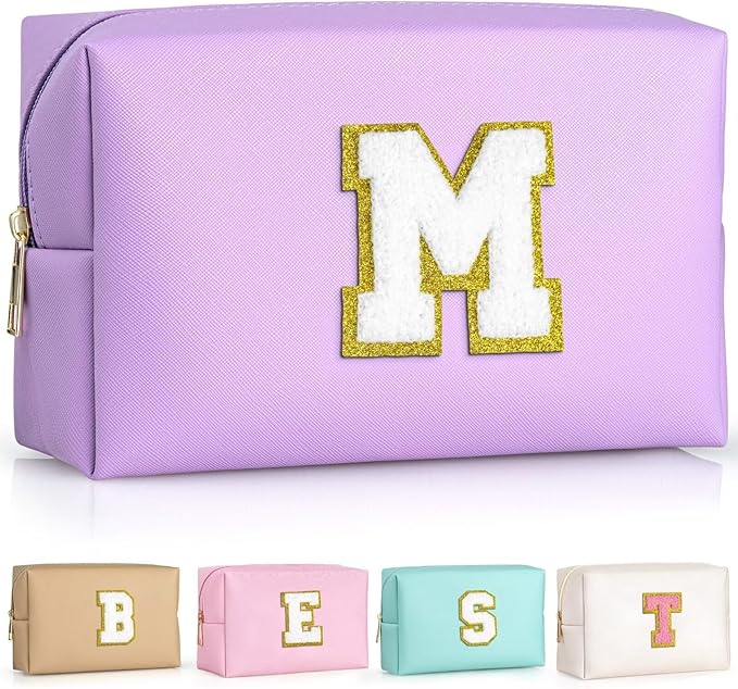 TOPEAST Monogrammed Gifts for Women, Preppy Makeup Bag Small Cosmetic Bag Travel Toiletry Bag, Personalized Birthday Gift for Girl, Wedding Bridal Shower Gifts for Bridesmaids (Purple M)