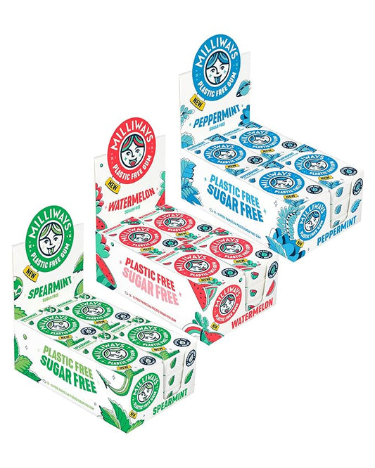 Milliways Best Sellers Bundle - Peppermint, Spearmint & Watermelon | Plastic Free Gum | Xylitol, Aspartame-Free, Sugar-Free, Plant-Based, Natural Chewing Gum | 3 x 12 Packs (36 Pack Total)