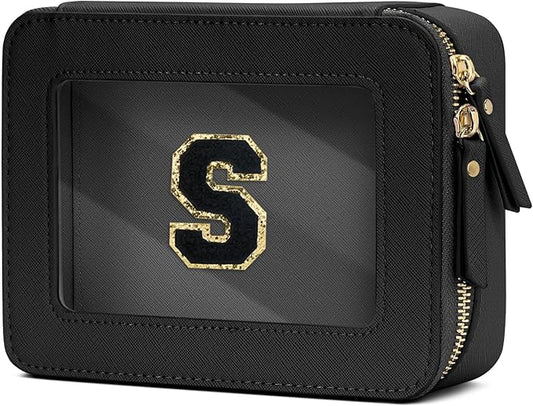 Initial Travel Toiletry Bag - Cosmetic Bags for Girls with Zipper, Clear & Potable Makeup Bag for Travel, Cosmetic Pouch Perfect Gifts for Graduation (Black, S)