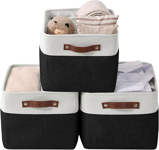 DECOMOMO Storage Baskets for Shelves - Fabric Storage Bins, Linen Closet Organizers and Storage (Black & White, XL - 3 Pack)