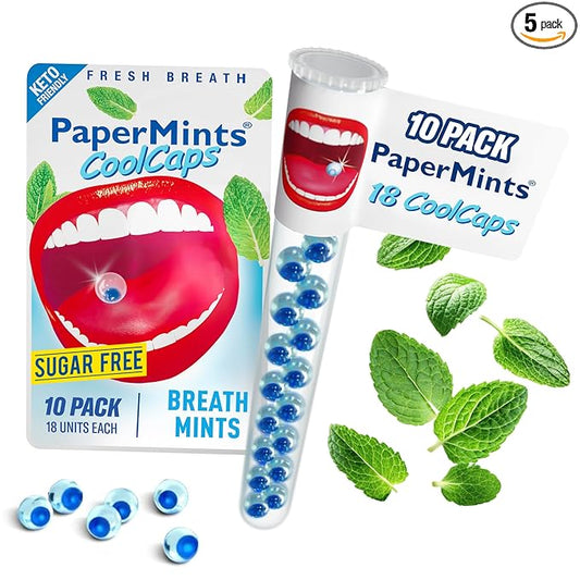 PaperMints CoolCaps - Instant Fresh Breath Mints Sugar-Free, 5 x Tubes of 18 capsules. Extreme Bad Breath Treatment for Adults, Breath Freshener Pearls for Halitosis Treatment Keto-Friendly