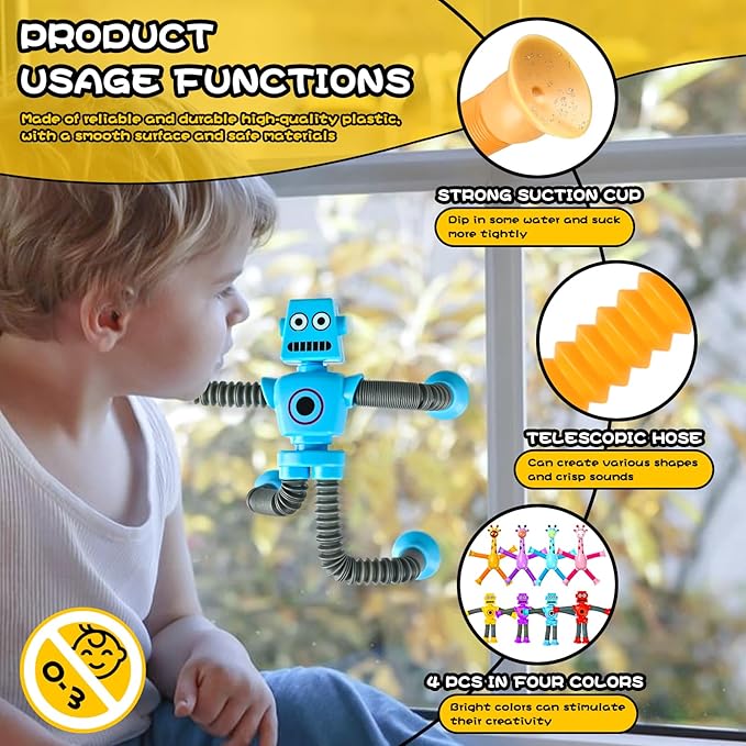 Christmas Stocking Stuffers Gift for Toddlers Kid Boy Grandkid Year Old Ages 3 4 5 6 7 8 9, Robot Sensory Travel Toys 4Pcs Airplane Autism Pop Tube Suction Fidget Toys Autistic Easter Basket Valentine