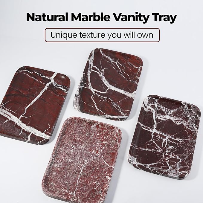 Marble Vanity Tray, 11.8in Stone Bathroom Tray for Countertop, Red Decorative Tray for Dresser Organizer, Luxury Serving Tray for Kitchen, Storage Dish for Kitchen Sink, Perfume, Jewelry Holder