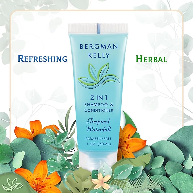 Bergman Kelly - Travel Size 2 in 1 Shampoo & Conditioner - 1 fl oz, 18000 PK, Tropical Waterfall - Delight Your Guests w/Invigorating & Refreshing Shampoo Amenities - Small Hotel Toiletries in Bulk