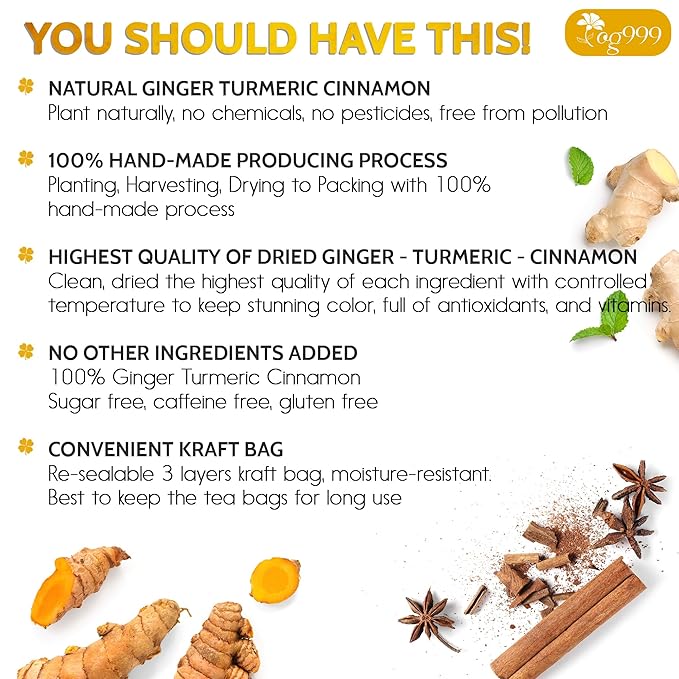 TOG999, 10 Turmeric, Ginger, Cinnamon Tea Bags, 100% Natural, Hand-made Blend of Turmeric, Ginger, and Cinnamon. Eco-conscious Tea Bags. No Sugar, No Caffeine, No Gluten, Vegan.