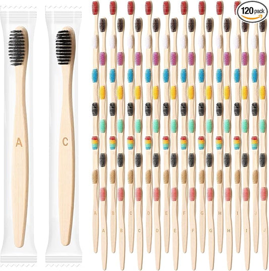 Sieral 120 Pcs 6.9 Inch Bamboo Toothbrush with Toothpaste Individually Wrapped Disposable Toothbrushes Travel Toothbrush Kit for Hotel Homeless Shelter Camping and Travel, 12 Colors