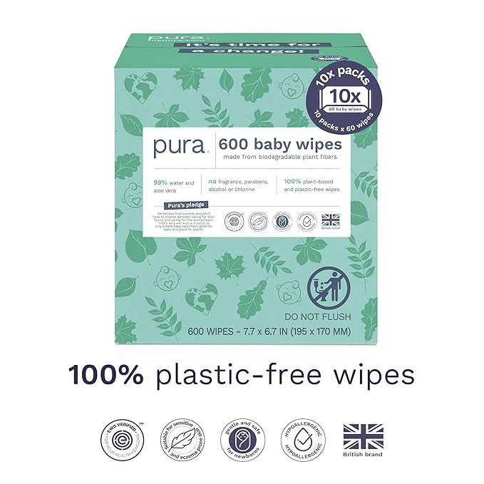 Pura Natural Sensitive Baby Wipes, 99% Water, Unscented & Hypoallergenic, Suitable for Sensitive & Eczema-prone Skin, Hypoallergenic, EWG Verified, 10 Pack of 60 Wet Wipes (600 Diaper Wipes) Bulk Buy