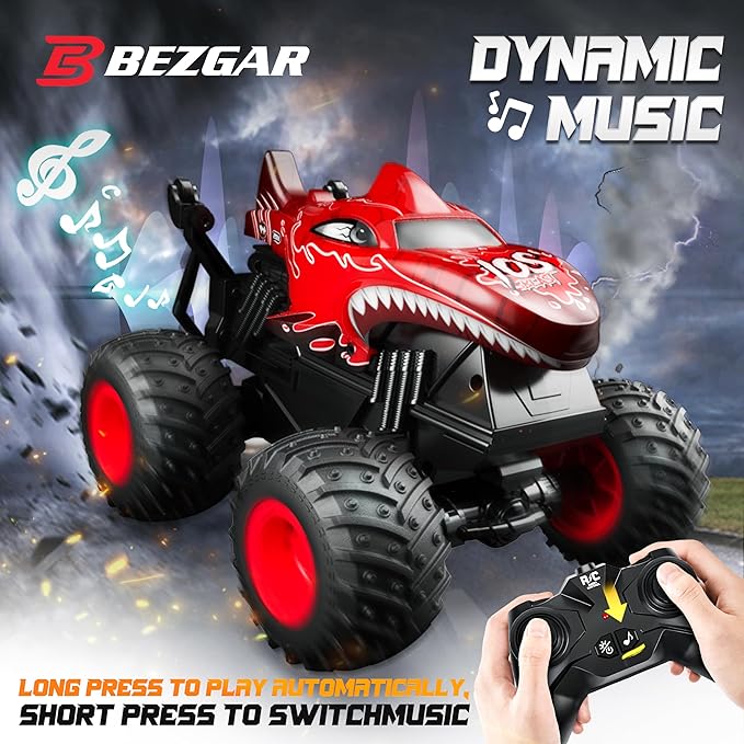 BEZGAR Monster Truck Toys - Remote Control Monster Truck with Light & Music, Dinosaur Toys for Kids, 1:20 Scale RC Truck with 360° Spins and Drifting, Remote Control Car for Boys 4-7 Red