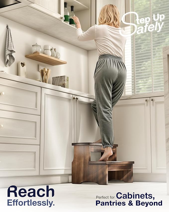 Wooden Two Step Stool, Heavy Duty 2-Step Ladder for Adults & Kids, Supports up to 450lbs for Kitchen, Bathroom or Bedside Use (Walnut Finish)