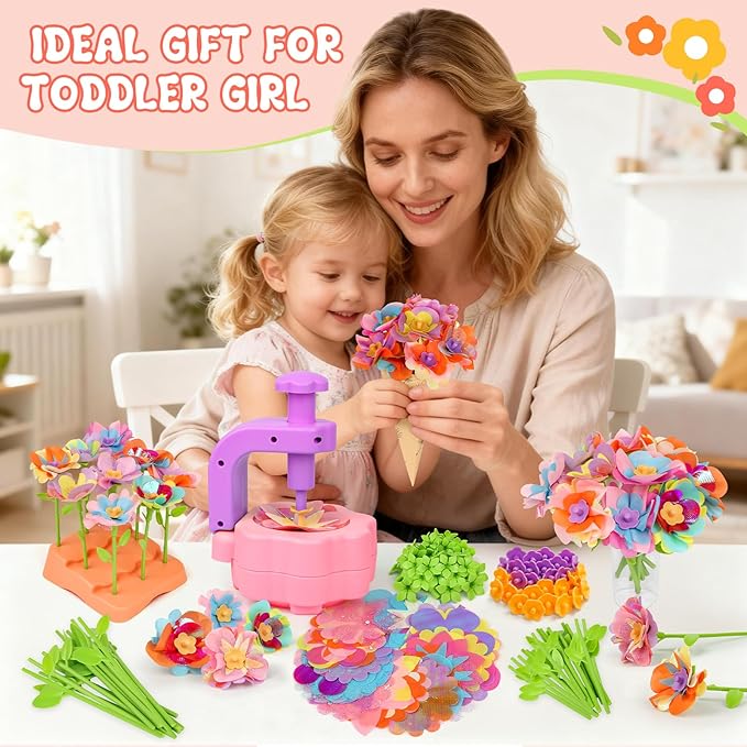 Fabric Flower Bouquets Toys, Arts and Crafts Activity Kit for Kids Ages 3-12, DIY Flower Craft Kits for Toddler, Educational Activity Preschool Birthday Gifts for 3 4 5 6 7 8 9 10+ Year Old Girls