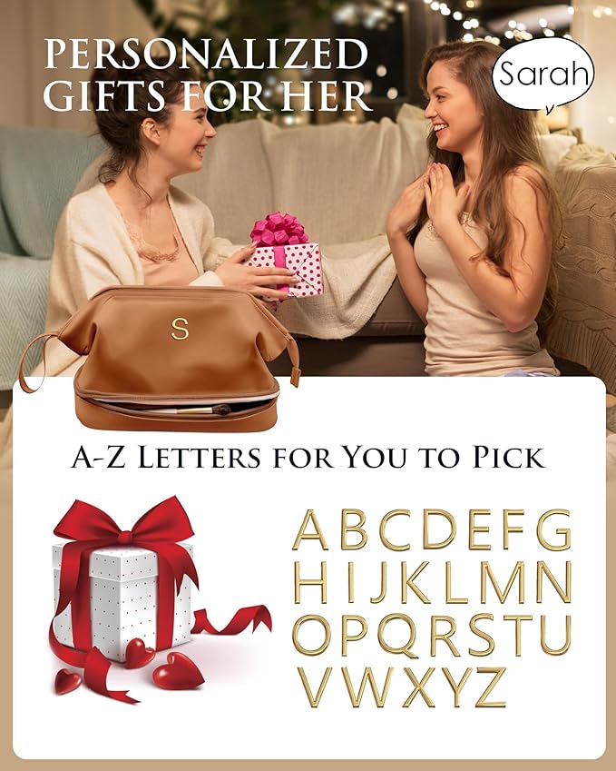 Gifts for Her, Personalized Makeup Bag, Monogrammed Gifts, Initial Double Layer Cosmetic Bag with Makeup Brush Organizer, Travel Toiletry Bag, Gifts for Friends Female Mom, Teen Girl Gifts