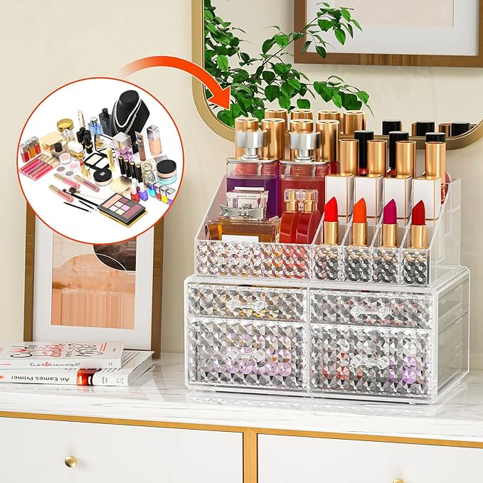2 Pack Makeup Organizer with Drawers[Upgraded]-Acrylic Make up Organizers and Storage Case for Cosmetics,Brush,Perfume,Jewelry Display, Vanity and Bathroom Accessories