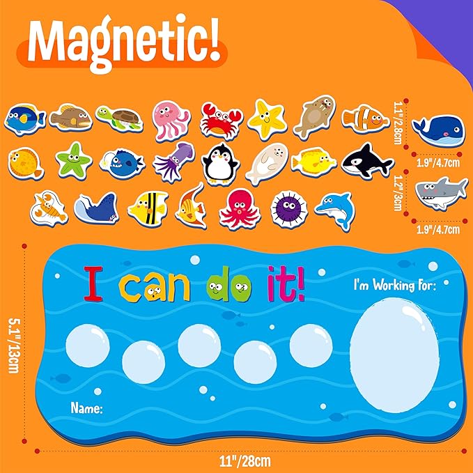 “I CAN DO IT” Token Board, Magnetic Reward Chart with 30 Animal Magnets, Sea-Themed Reward System Board, Incentive Chart for Good Behavior and Responsibility, Great for Toddlers, Kids, Students