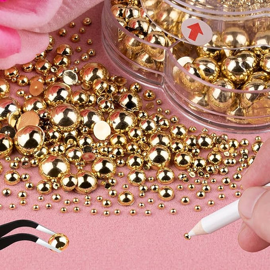 Nail Art Flat Back Half Round Pearl Kits, Mixed Sizes 6000 Pcs with B7000 Jewelry Glue Gold Small Pearls for Nails with Picking Tools for Graduation Cap Decorations Home DIY Body Face Craft Use