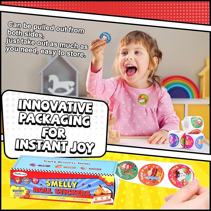 HORIECHALY 3 Rolls Scratch and Sniff Scented Stickers for Kids, 600 Pcs Motivational Reward Classroom Scented Stickers, Smelly Encouragement School Sticker for Teachers, Students(1.57")