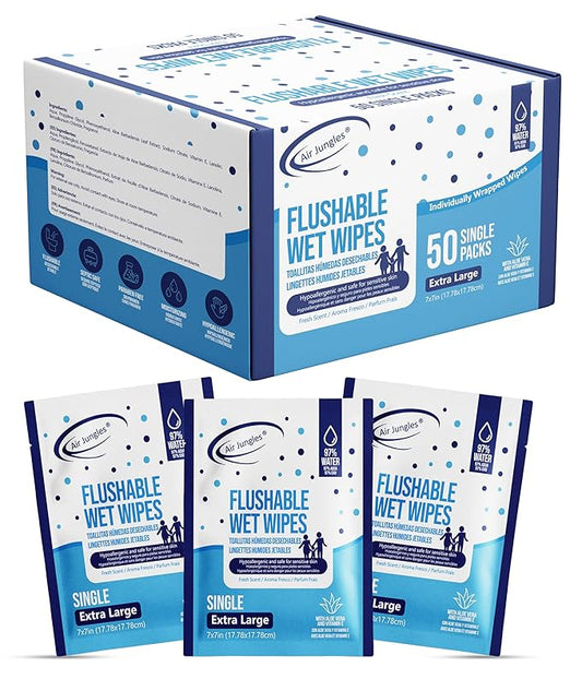 Air Jungles Flushable Wipes Individually Wrapped 50 Ct, with Aloe Vera & Vitamin E, Travel Size Wet Cleansing Wipes for Adult, Fresh Scent, Alcohol Free - XL 7 × 7 in
