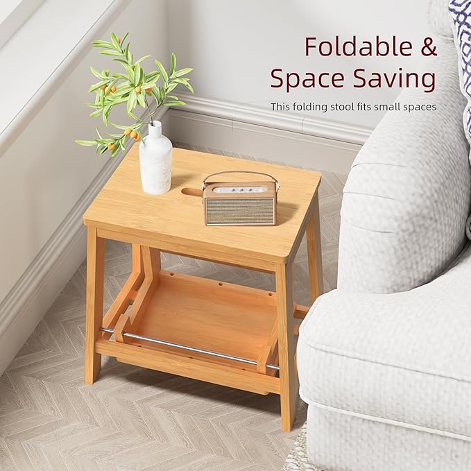 Bamboo Folding Step Stool with Sturdy Structure and Wide Stepping Surface for Safety, Multi-Purpose Foldable Step Ladder for Bathroom,Bedroom,Kitchen Step Stools for Kids & Adults, 400 lbs