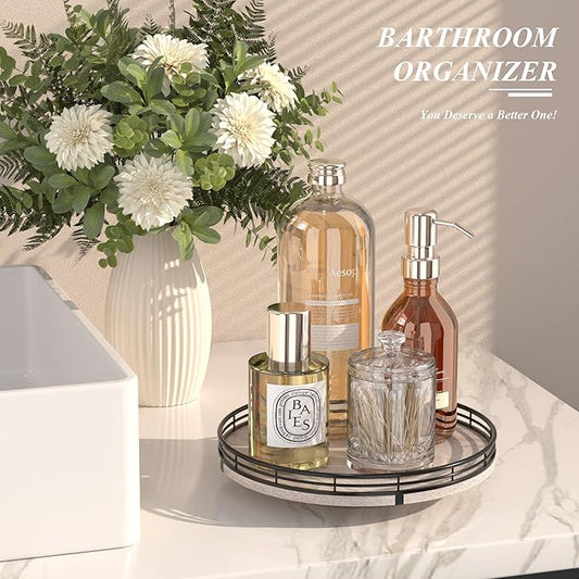 10" Oak Bathroom Vanity Tray Turntable for Perfume Candle, Round Wooden Decorative Tray for Kitchen Sink Countertop Organizer, Bathroom Counter Organizer for Skincare Makeup, Rustic Whitewased