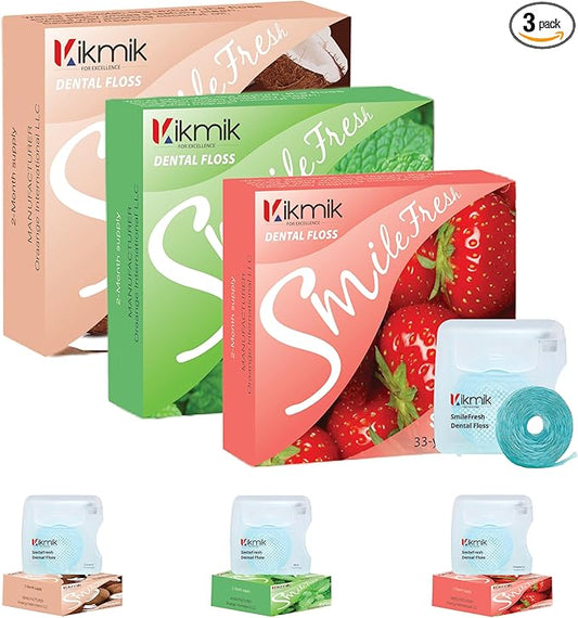 3-Pack Woven Dental Floss - Strawberry, Mint & Coconut Floss Dental Floss - Shred Resistant, Extra Wide Woven Floss Dental, Gentle On Gums, 33 Yards Each