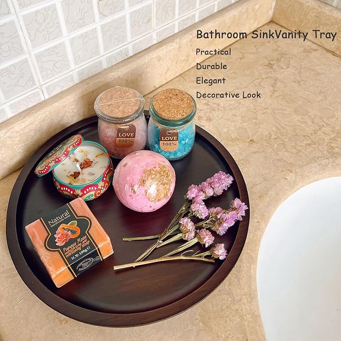 Wood Vanity Tray, Bathroom Counter Solid Walnut Organizer, Toilet Tank Top Wooden Serving Plate for Dinner Tea Coffee (Natural Walnut Color, 9.8 x 9.8 inch)