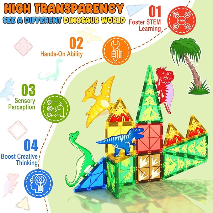 Coodoo Dinosaur Toys Magnetic Tiles - Magnet Building Blocks for Toddler Kids Toys STEM Sensory Outdoor Toy for 3+ Year Old Boys and Girls, Dinosaur World Creative Games Kids