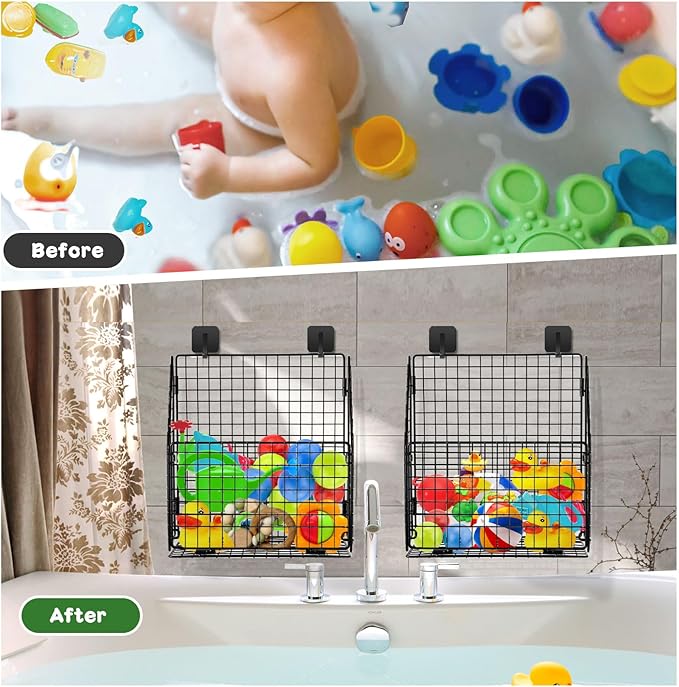 Large Bath Toy Storage, Metal Bathtub Shower Toy Holder, Foldable bath Tub Toy Organizers Black, Bathroom Toy Storage with Drainage for Sorting Toys/Clothes/Toiletries