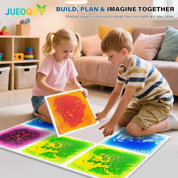 Liquid Sensory Floor Tiles for Kids Ages 3+, 12" Step-On Tiles with Non-Slip Base, Interactive Color-Flow, Assorted Colors, Sensory Path Starter Set (4-Pack)