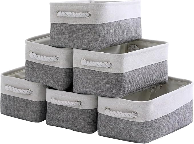 Fabric Storage Bins 12x8x5 inch [6-Pack] with Rope Handles - Decorative Baskets for Organizing