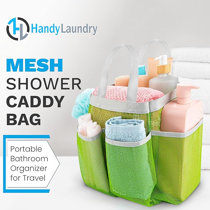 Handy Laundry Mesh Shower Caddy - 7 Pocket Portable Bathroom Organizer Tote for Travel, Gym & Dorm - Collapsible Small Shower Caddy Bag to Hold Toiletries & Essentials (Green)