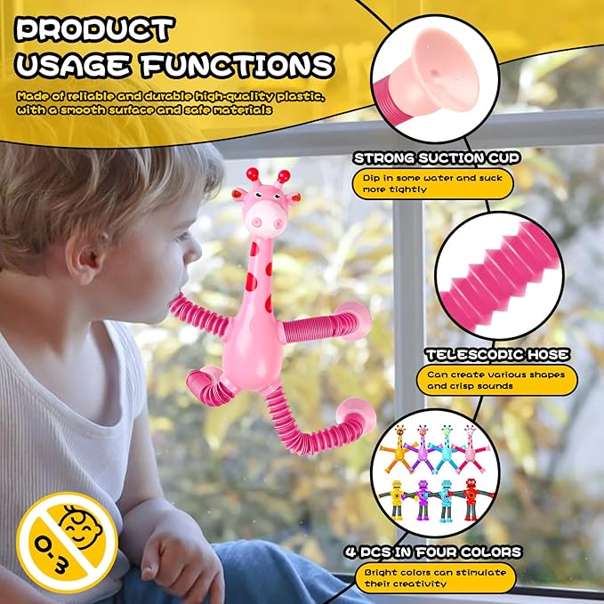 Christmas Stocking Stuffer Gift for Toddler Girls Year Old Ages 2 3 4 5 6 7 8, Giraffe Sensory Toys 4Pcs Suction Autism Toy Pop Tube Fidget Toys Autistic Travel Toys Easter Basket Valentine for Kids